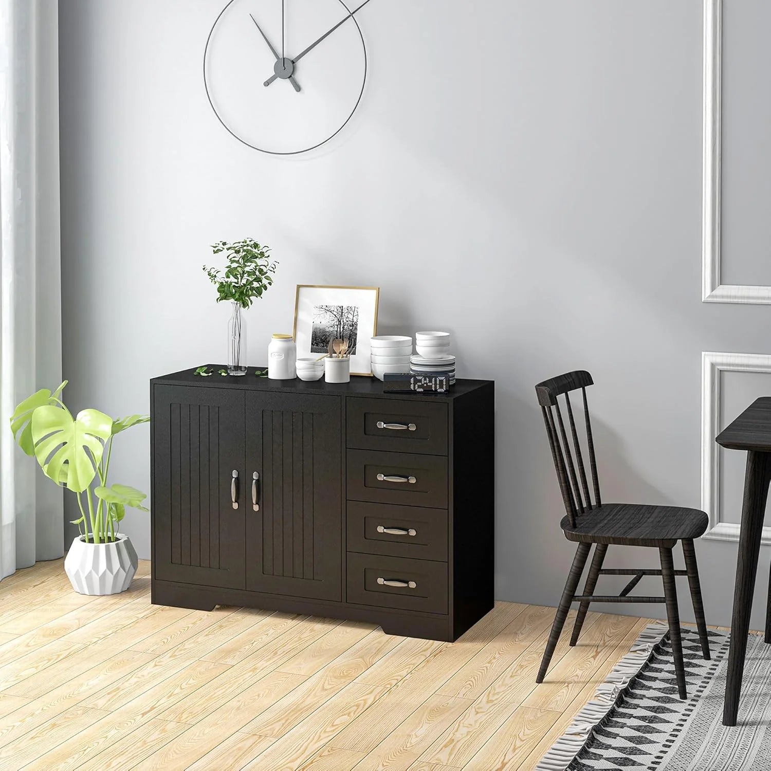 Modern Sideboard Buffet Cabinet with Drawers and Beadboard Door Cupboard Kitchen Storage Cabinet Black1 pcs