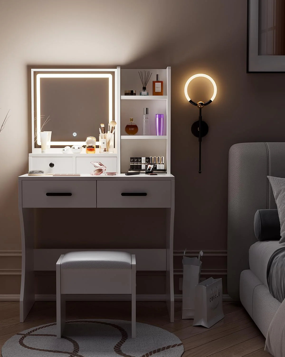 Makeup Table with Extra Large Mirror and Lights, 80cm Dressing Table with Stool1 pcs
