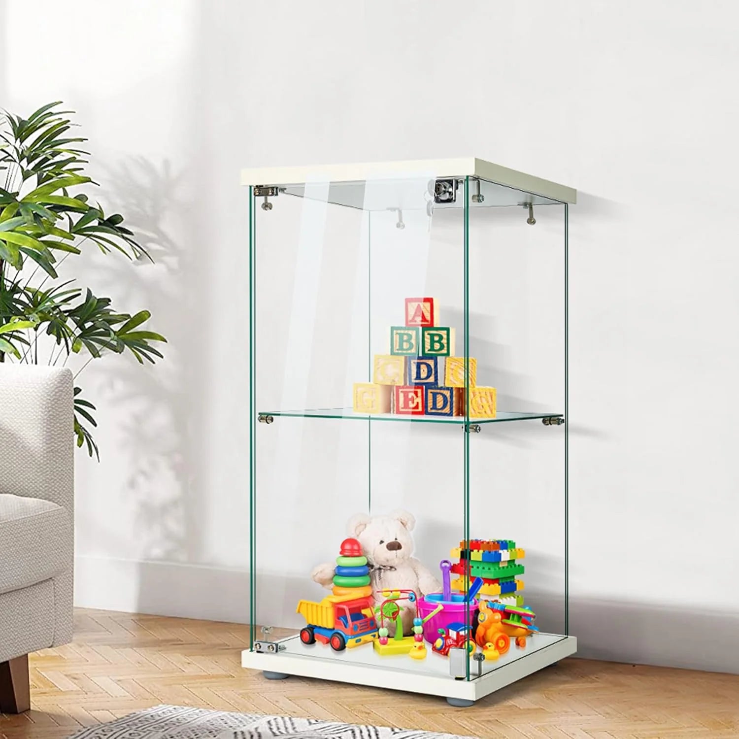 4 Layers 15.7''W x 15.7''D x 62.6''H Glass Display Cabinet Countertop Showcase with Lock, 5mm Tempered Glass 25mm MDF Base1 pcs