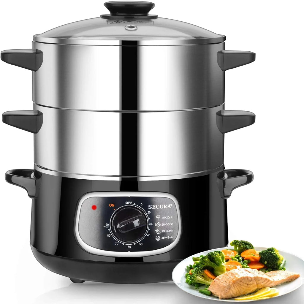 2 stainless steel food steamers, 8.5 liters capacity, electric glass-covered vegetable steamer, double-layer stackable steaming basket, with timer included1 pcs