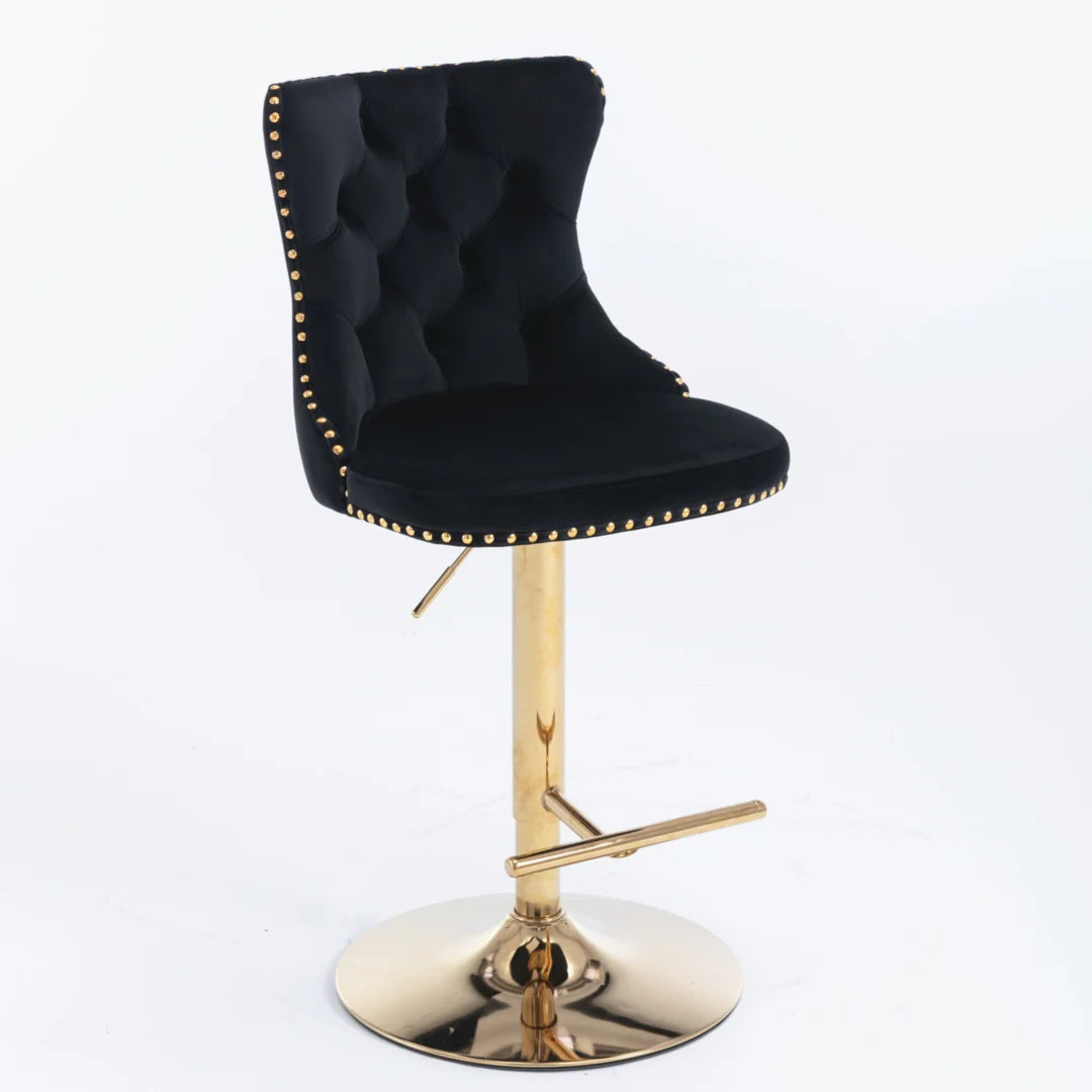 4x Height Adjustable Swivel Bar Stool Velvet Studs Barstool with Footrest and Golden Base- Black