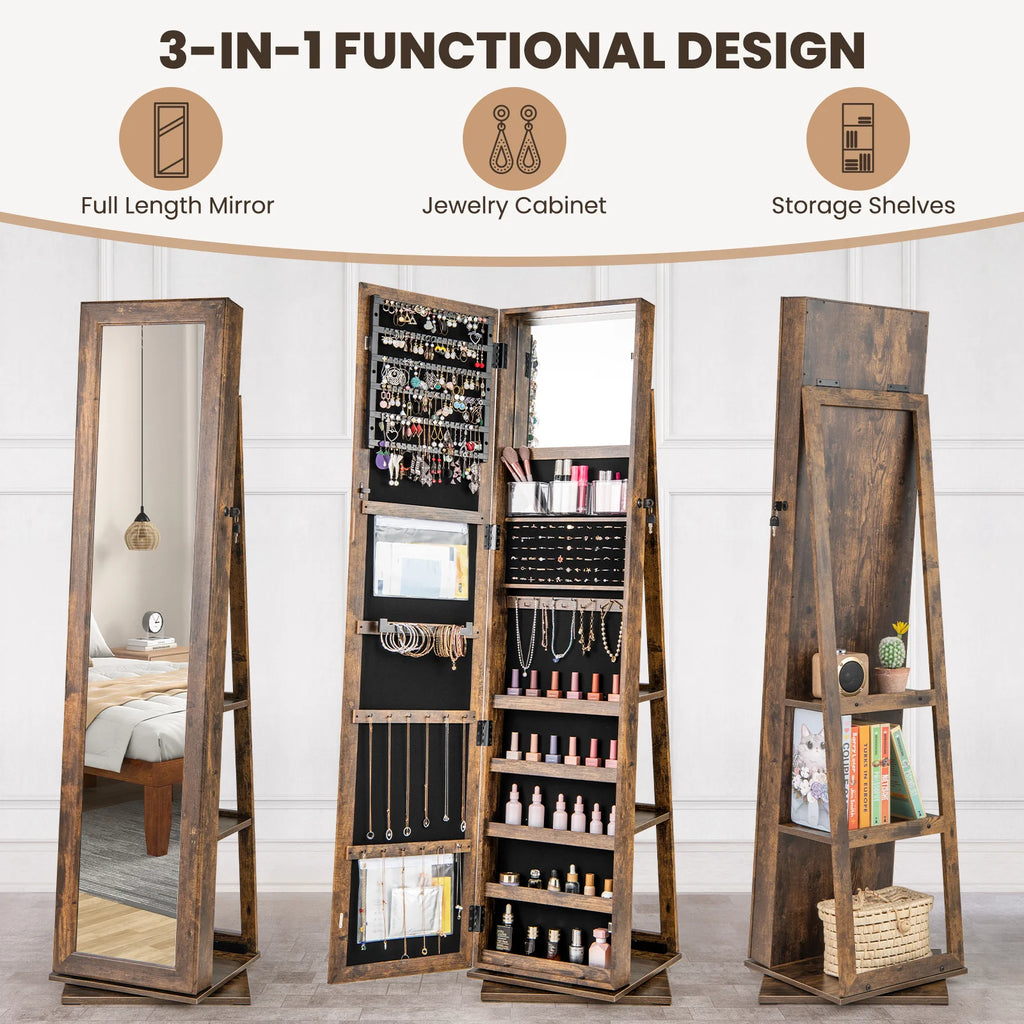 360�� Swivel Jewelry Armoire, Standing Jewelry Organizer with Full Length Mirror