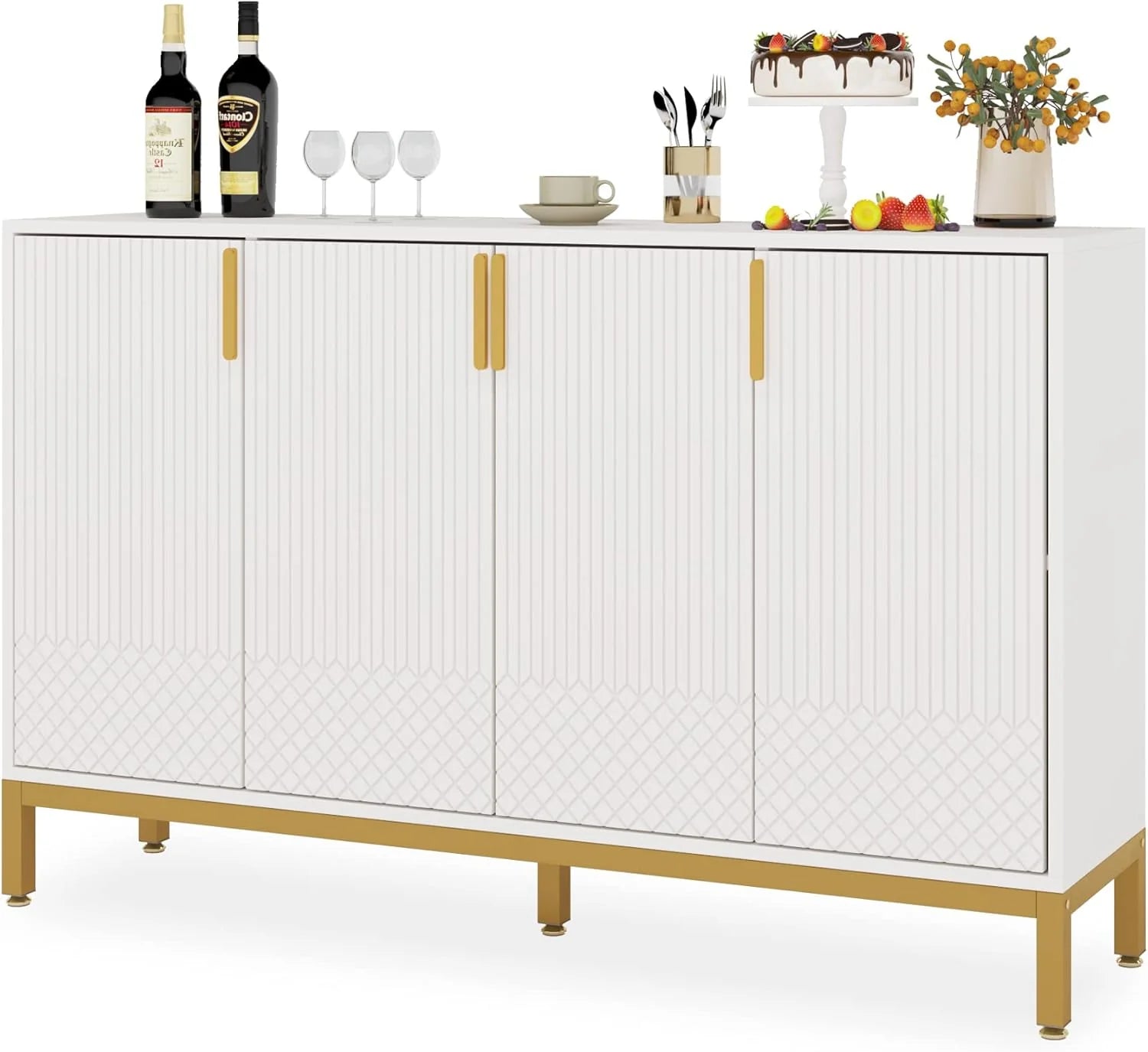 Luxury Buffet Cabinet with Storage, 59 Inch Kitchen Sideboard Cabinet with 4 Doors, Coffee Bar Cabinet Storage Cabinet for Dining Room, Living Room, Black and Gold1 pcs