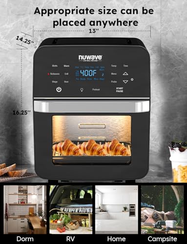 Nuwave Brio Air Fryer Oven, 15.5Qt X Large Family Size, SS Rotisserie Basket &amp;Skewer Kit, Reversible Ultra Non Stick Grill/Griddle Plate, Powerful 1800W, Integrated Smart Thermometer,Black : Home &amp; Kitchen