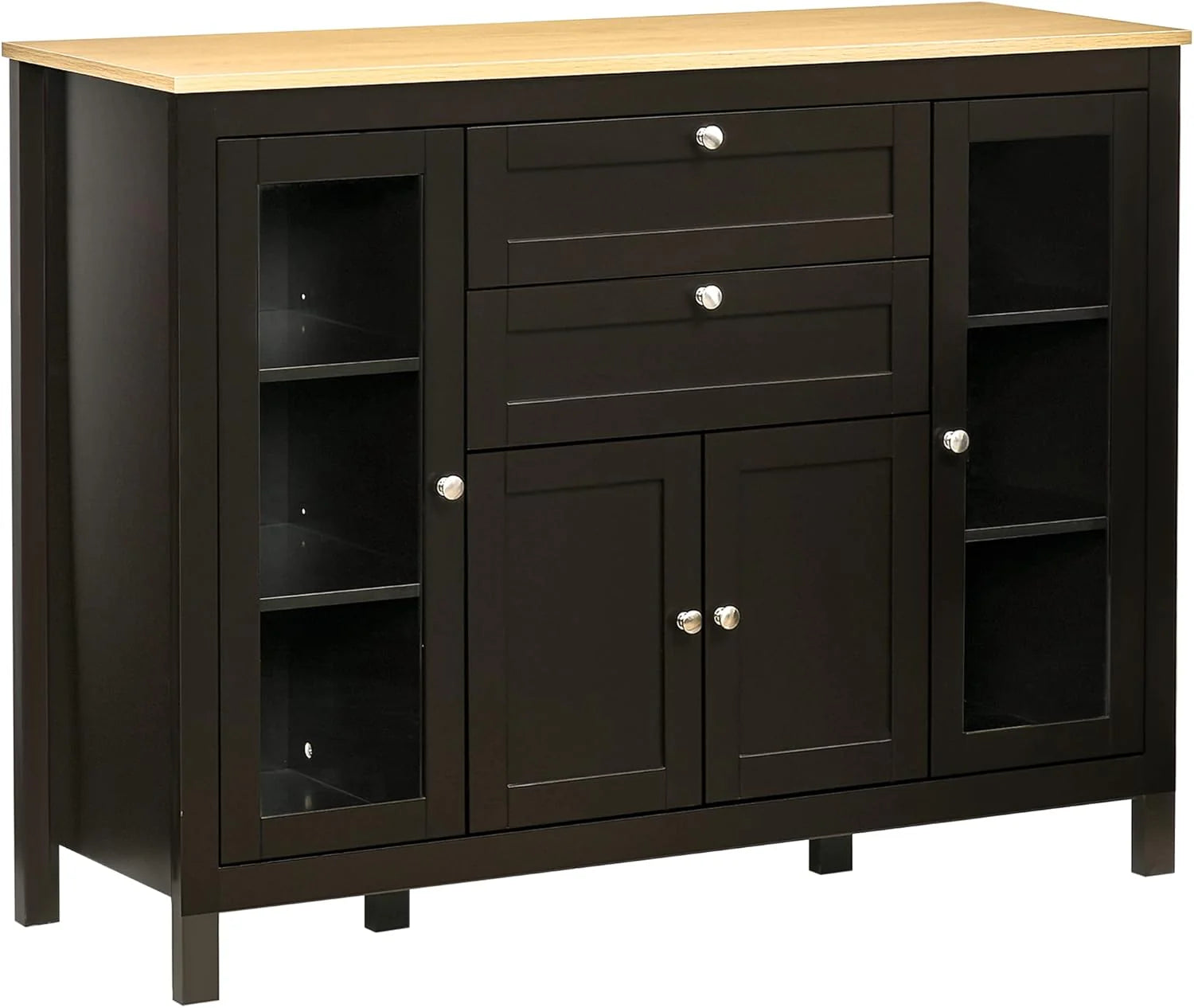 Sideboard Buffet Cabinet with 2 Drawers 3 Storage Cabinets, Coffee Bar Cabinet with Glass Doors, Kitchen Cabinet with Adjustable Shelves, Oak White1 pcs
