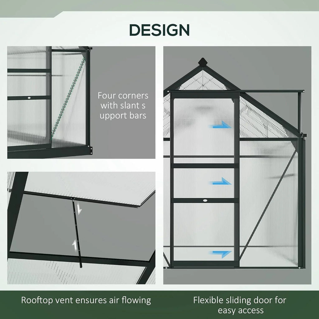 Outsunny 6' x 6' x 6.6' Polycarbonate Greenhouse, Walk-in Green House Kit Garden, Plants Grow, Galvanized Sheet Aluminum Frame with Rain Gutter, Vent and Sliding Door, Grey1 pcs