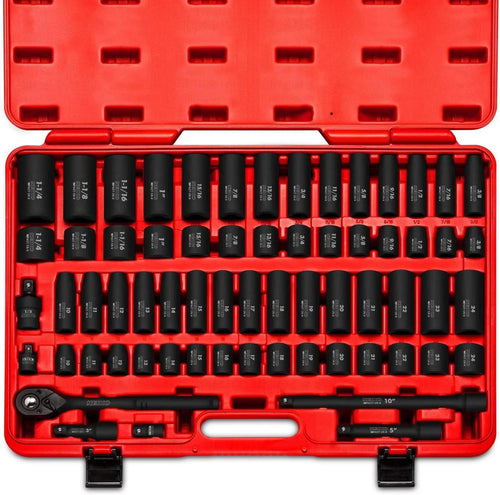 02448A 1/2" Drive Master Impact Socket Set, 65 Piece, Standard SAE (3/8"-1-1/4") & Metric (10-24 mm) Sizes, Deep & Shallow Kit, Includes Adapters & Ratchet Handle1 pcs