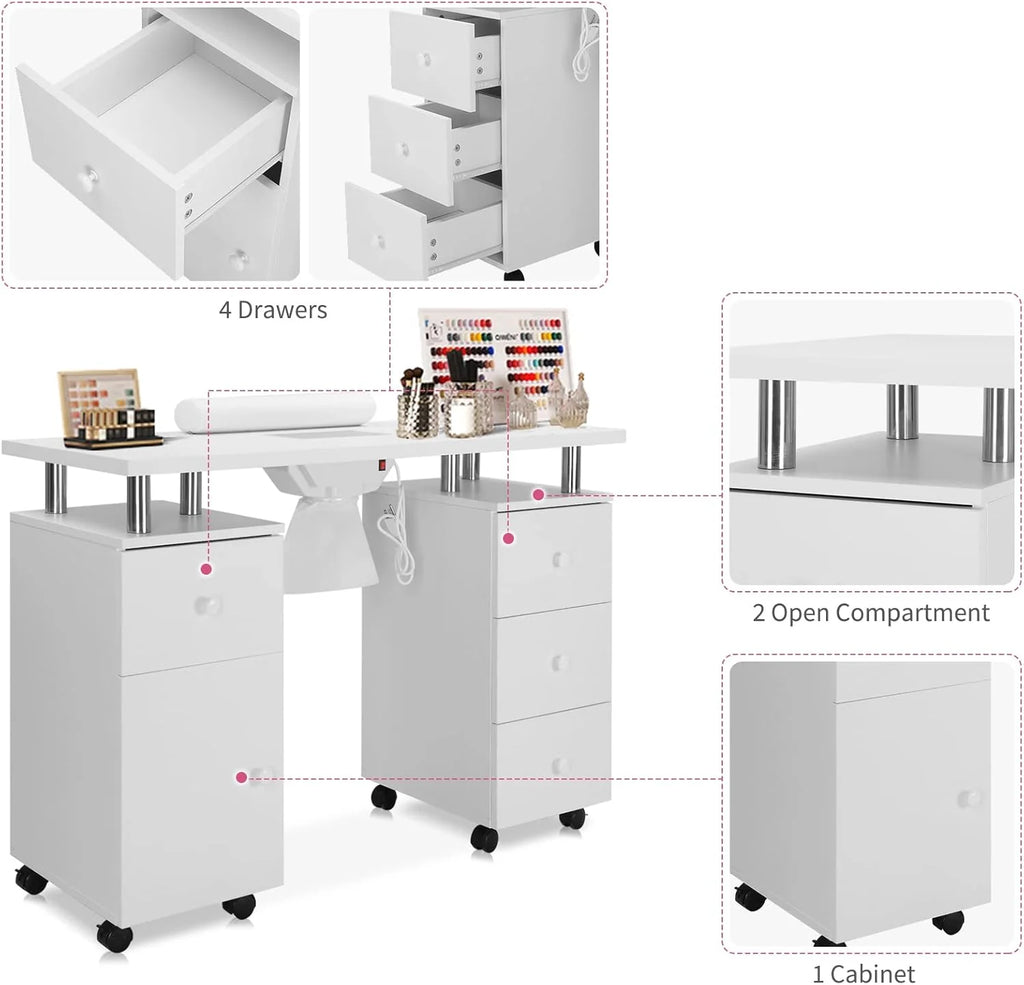 Manicure Table Nail Desk for Nail Tech w/Electric Dust Collector & Wrist Rest, Acetone Resistant Top Beauty Salon Nail Supplies Decor Station w/Lockable Wheels, Cabinet, Drawer (White)1 pcs