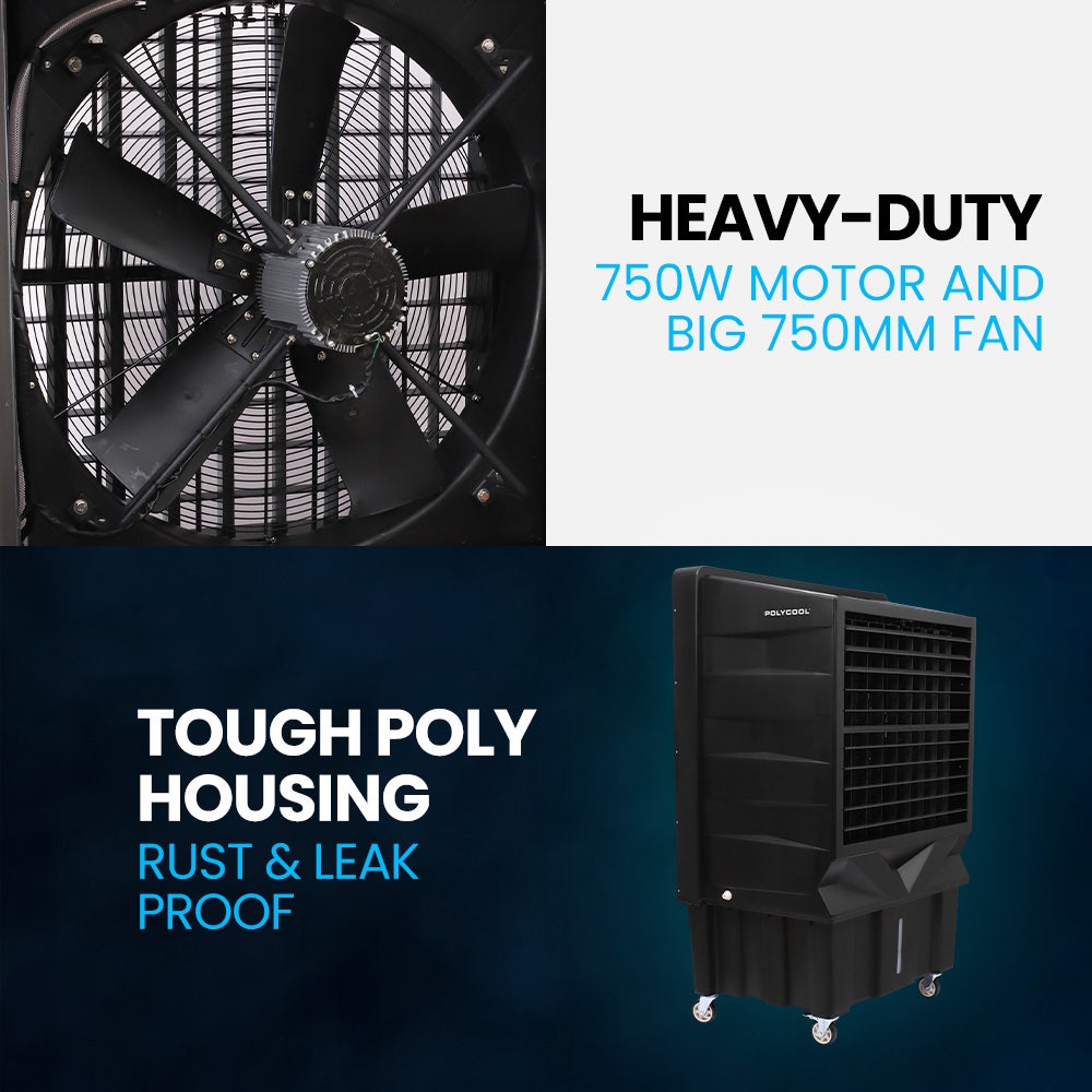 POLYCOOL 130L 750W Evaporative Air Cooler, Commercial Industrial Grade, Remote Control, Purifier, Fan