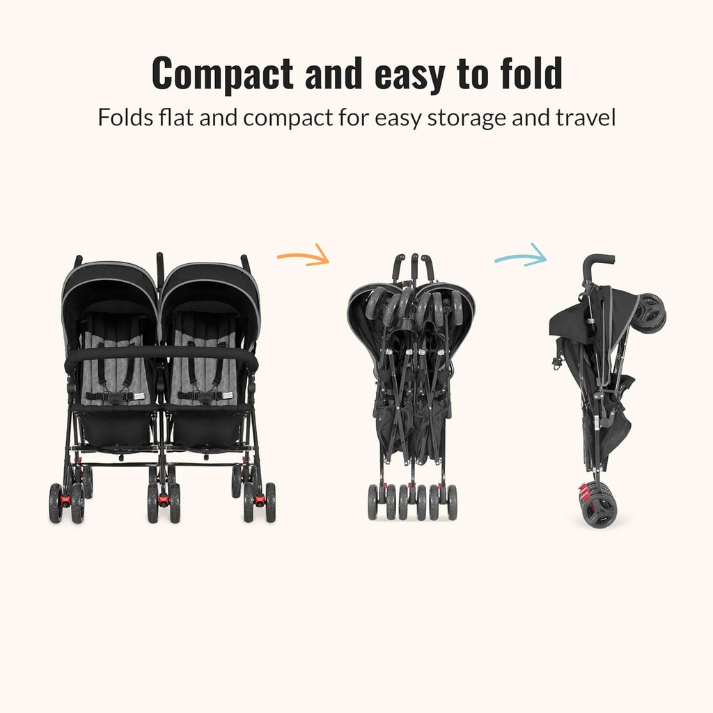Twin Umbrella Stroller in Black, Lightweight Double Stroller for Infant & Toddler, Compact Easy Fold, Large Storage Basket, Large and Adjustable Canopy1 pcs