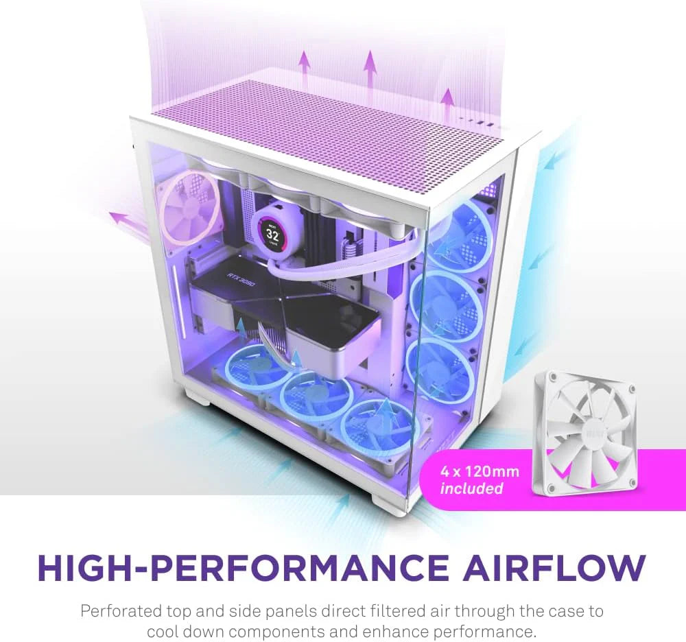 H9 Flow Dual-Chamber ATX Mid-Tower PC Gaming Case – High-Airflow Perforated Top Panel – Tempered Glass Front & Side Panels – 360mm Radiator Support – Cable Management – White1 pcs