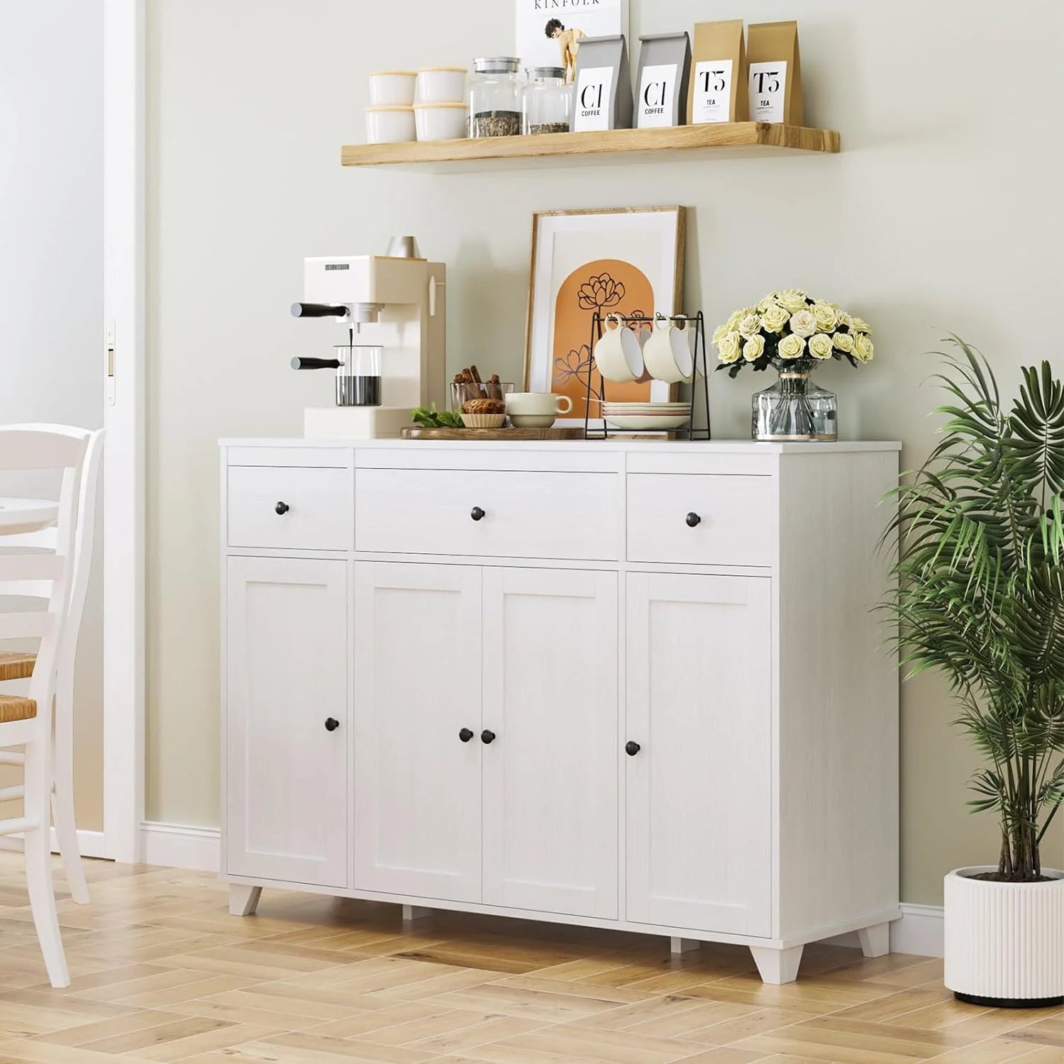 Sideboard Buffet Cabinet with Storage, 47" Kitchen Storage Cabinet with 3 Drawers, 4 Doors & Adjustable Shelves, Modern Coffee Bar Cabinet Wood Accent Cupboard for Dining Living Room, White1 pcs