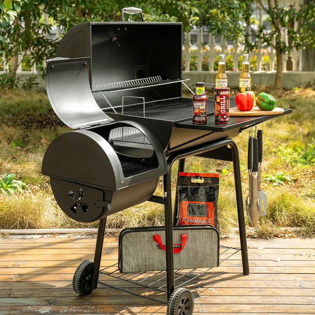 BBQ Charcoal Grill and Offset Smoker, 30'' L, 800 Square Inch, Outdoor for Camping, Black1 pcs