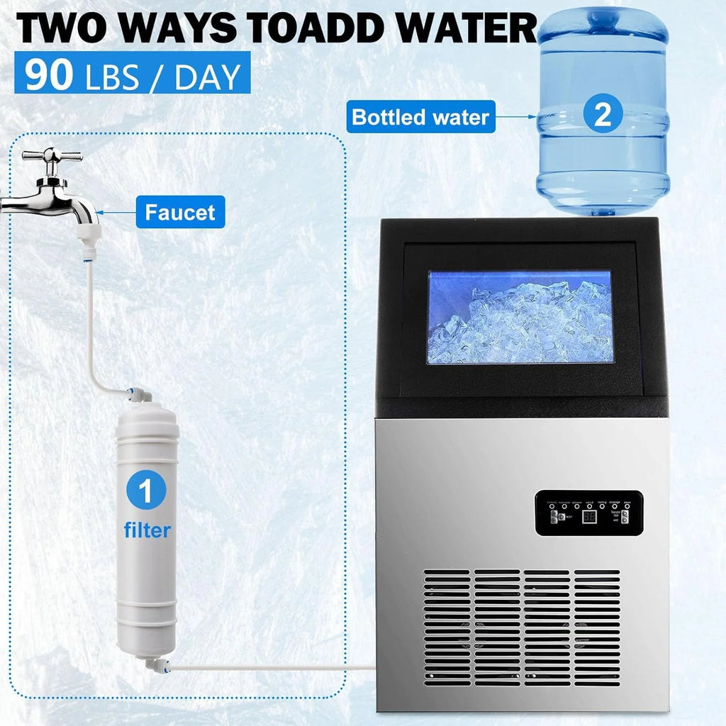Commercial Ice Maker Machine, 90lbs/24H Ice Maker Machine with 33LBS Storage Bin, Stainless Steel Freestanding Ice Machine, Tap Water & Top Loading Under Counter ice Machine for Restaurant1 pcs