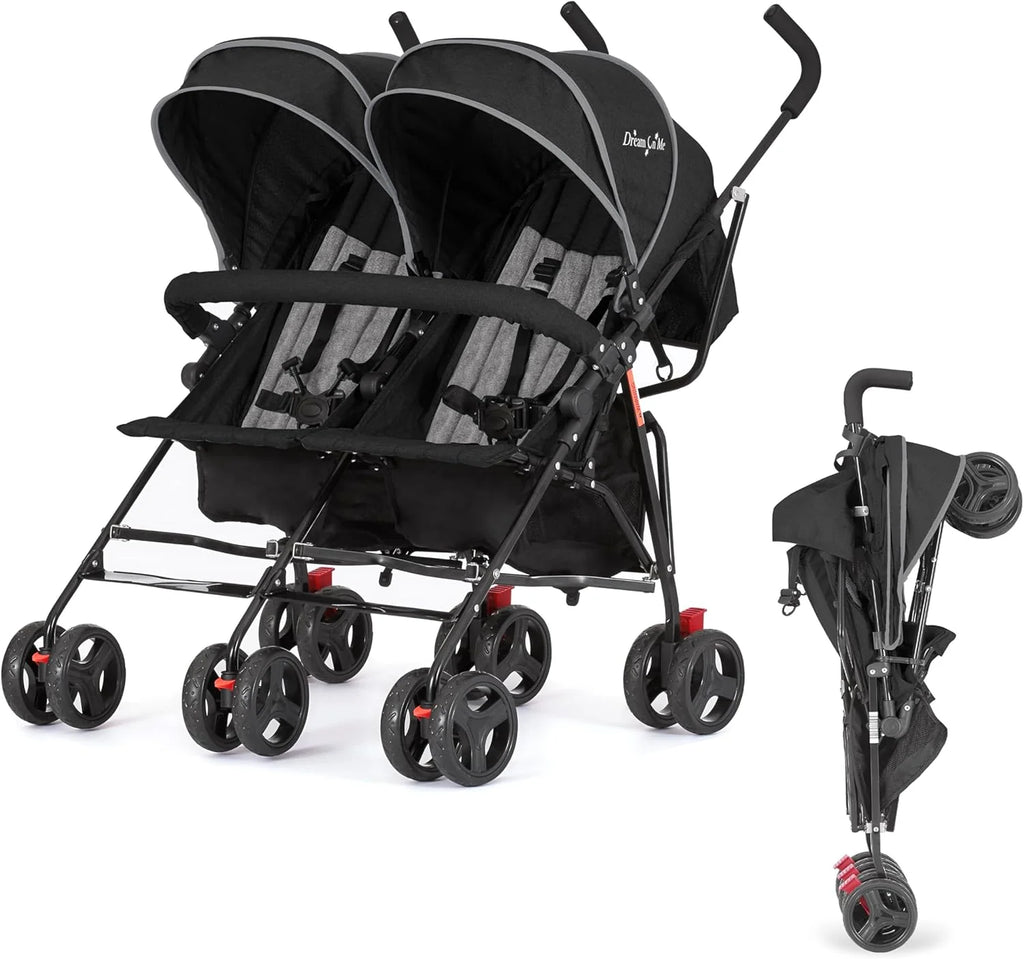 Twin Umbrella Stroller in Black, Lightweight Double Stroller for Infant & Toddler, Compact Easy Fold, Large Storage Basket, Large and Adjustable Canopy1 pcs
