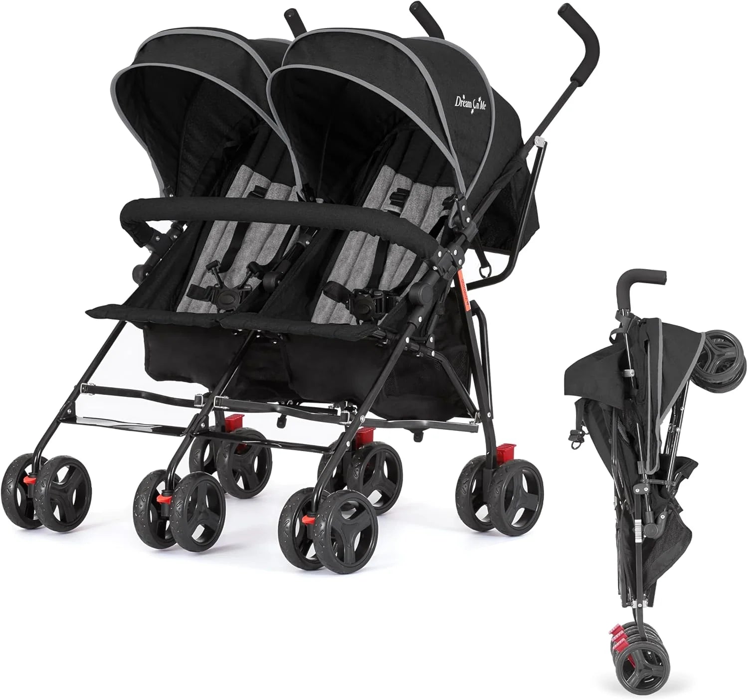 Twin Umbrella Stroller in Black, Lightweight Double Stroller for Infant & Toddler, Compact Easy Fold, Large Storage Basket, Large and Adjustable Canopy1 pcs