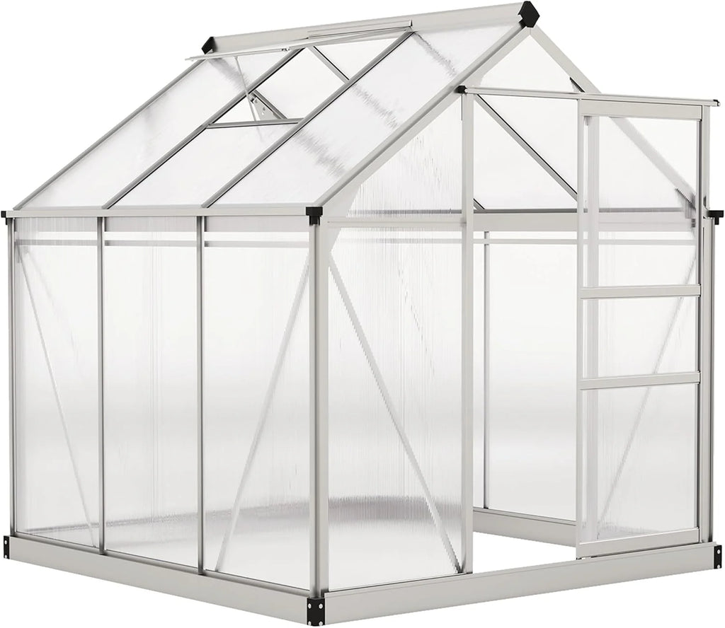 Outsunny 6' x 6' x 6.6' Polycarbonate Greenhouse, Walk-in Green House Kit Garden, Plants Grow, Galvanized Sheet Aluminum Frame with Rain Gutter, Vent and Sliding Door, Grey1 pcs