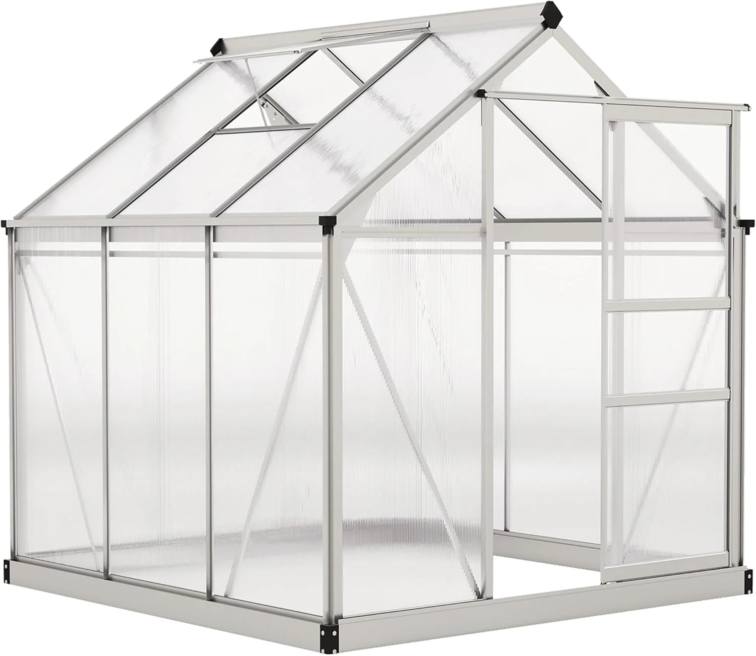 Outsunny 6' x 6' x 6.6' Polycarbonate Greenhouse, Walk-in Green House Kit Garden, Plants Grow, Galvanized Sheet Aluminum Frame with Rain Gutter, Vent and Sliding Door, Grey1 pcs
