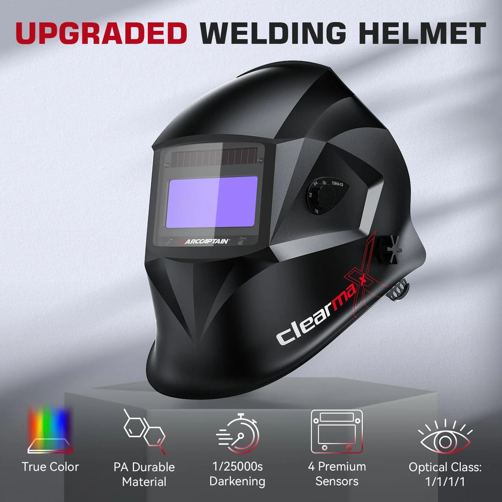 Welding Helmet Auto Darkening, True Color Solar Powered Welding Mask with 4 Arc Sensor, 1/1/1/1 Optical Clarity and Adjustable Shade 4/9-13 Welder Helmet1 pcs