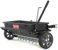 100 lb (approx. 45 kg) trailed lawn and garden spreader/seeder/fertilizer spreader for seeds, fertilizer, salt, road salt; designed to be pulled behind lawn and garden tractors