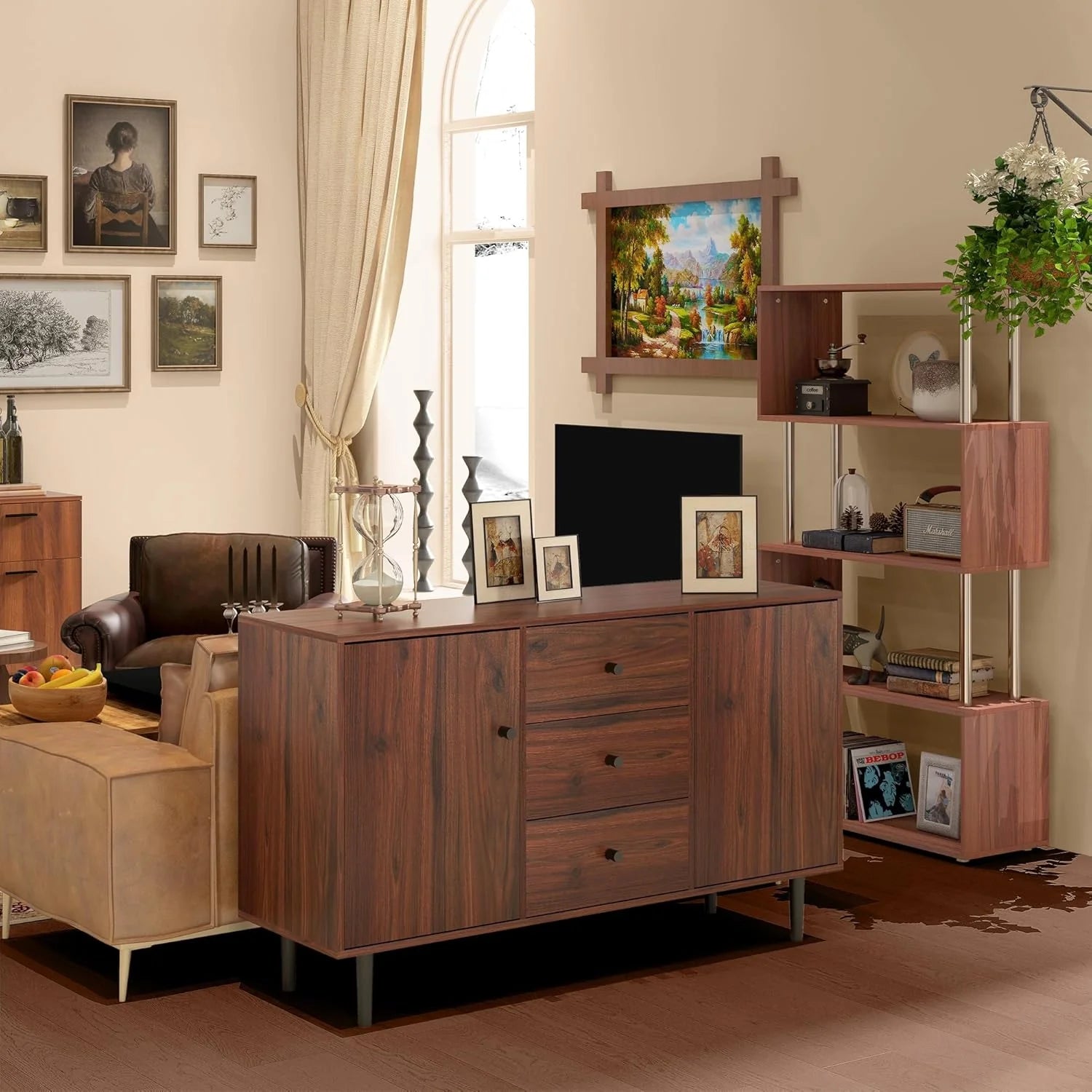 Kitchen Storage Cabinet, Vintage Sideboard, Coffee Bar Cabinet with 2 Cupboards, 3 Drawers, Adjustable Shelves and Wood Legs, Retro Buffet Table, Rustic Brown1 pcs