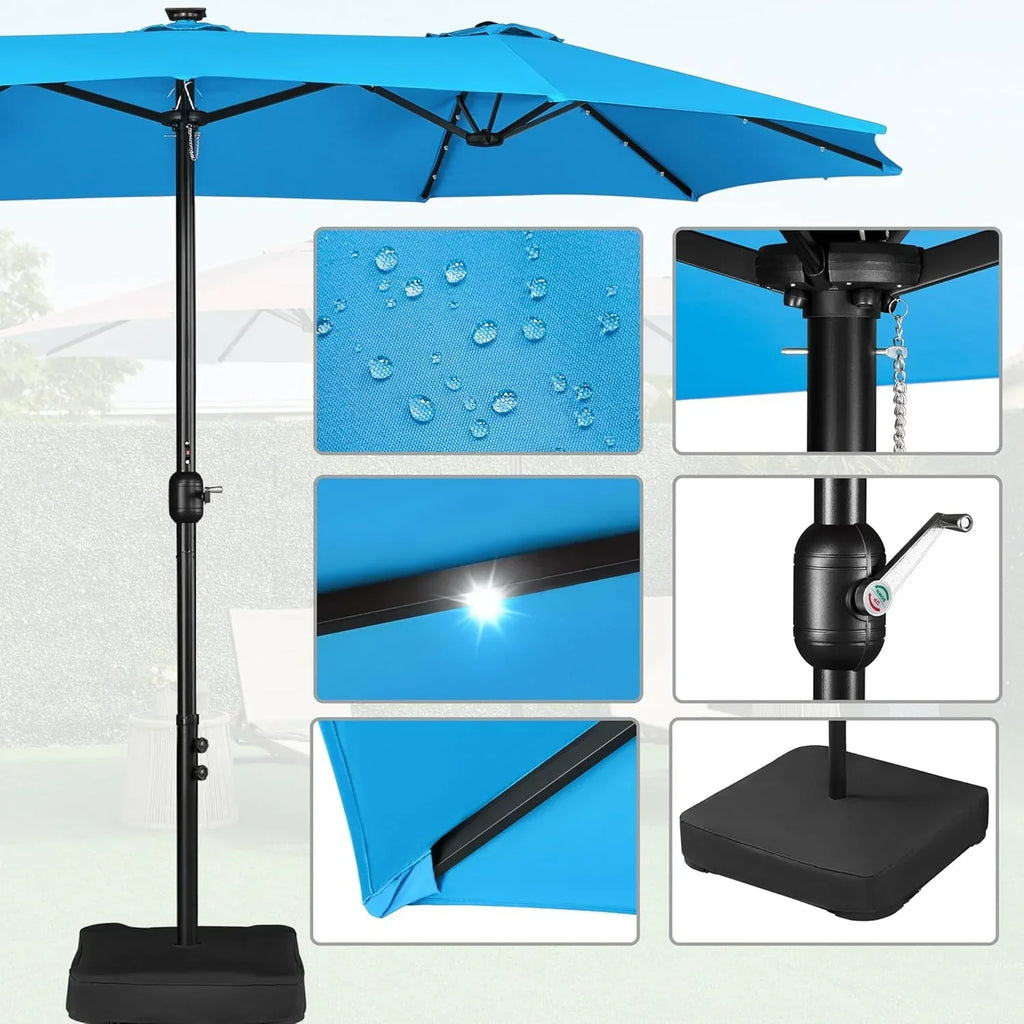 15 ft Large Patio Umbrella with Solar Lights Double-Sided Outdoor Rectangle Market Umbrellas with 36 LED Lights/Base Included/Easy Crank for Patio Garden Yard Pool Lawn, Brown
