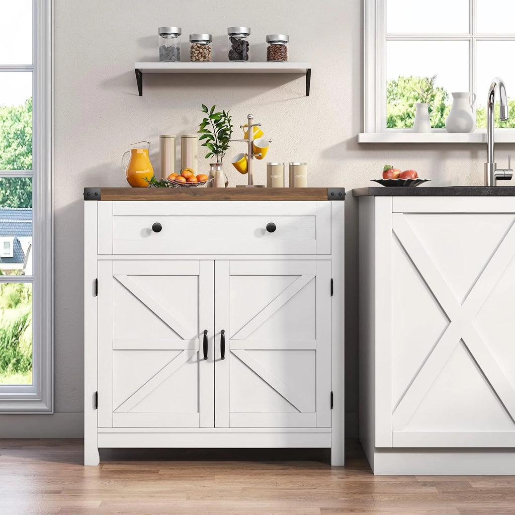 Coffee Bar Cabinet, Kitchen Storage Cabinet, Modern Farmhouse Buffet Sideboard with Drawer and Adjustable Shelf, Barn Door Accent Cabinets for Kitchen, Dining Room, Entryway, White1 pcs