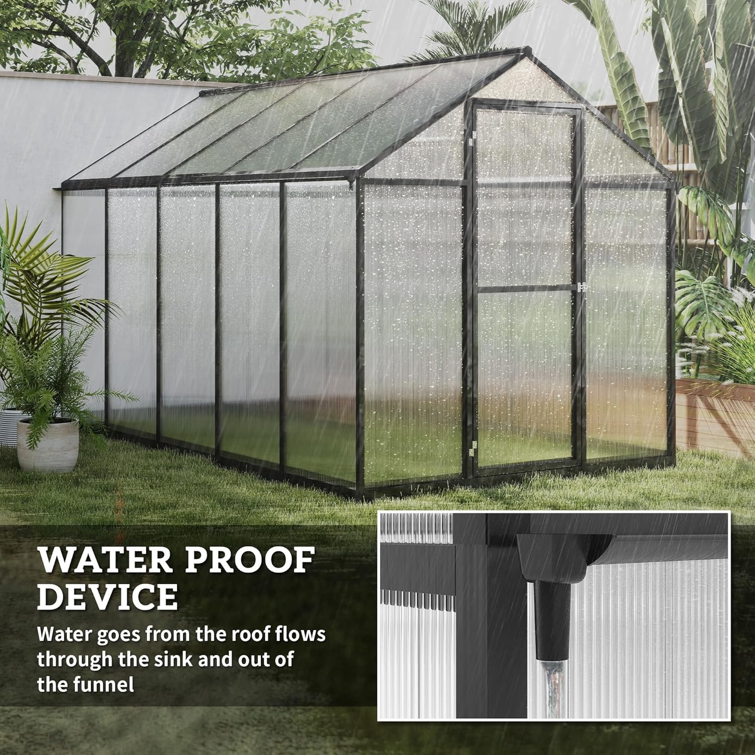 6' x 8' x 6.4' Polycarbonate Greenhouse, Aluminum Walk-in Green House Kit Garden, Plants Grow with Rain Gutter and Roof Vent1 pcs