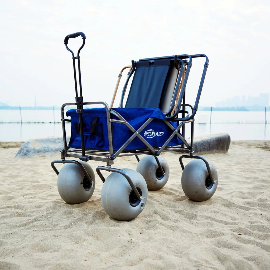 Beach cart with 13-inch balloon wheels, chair brackets and pump included