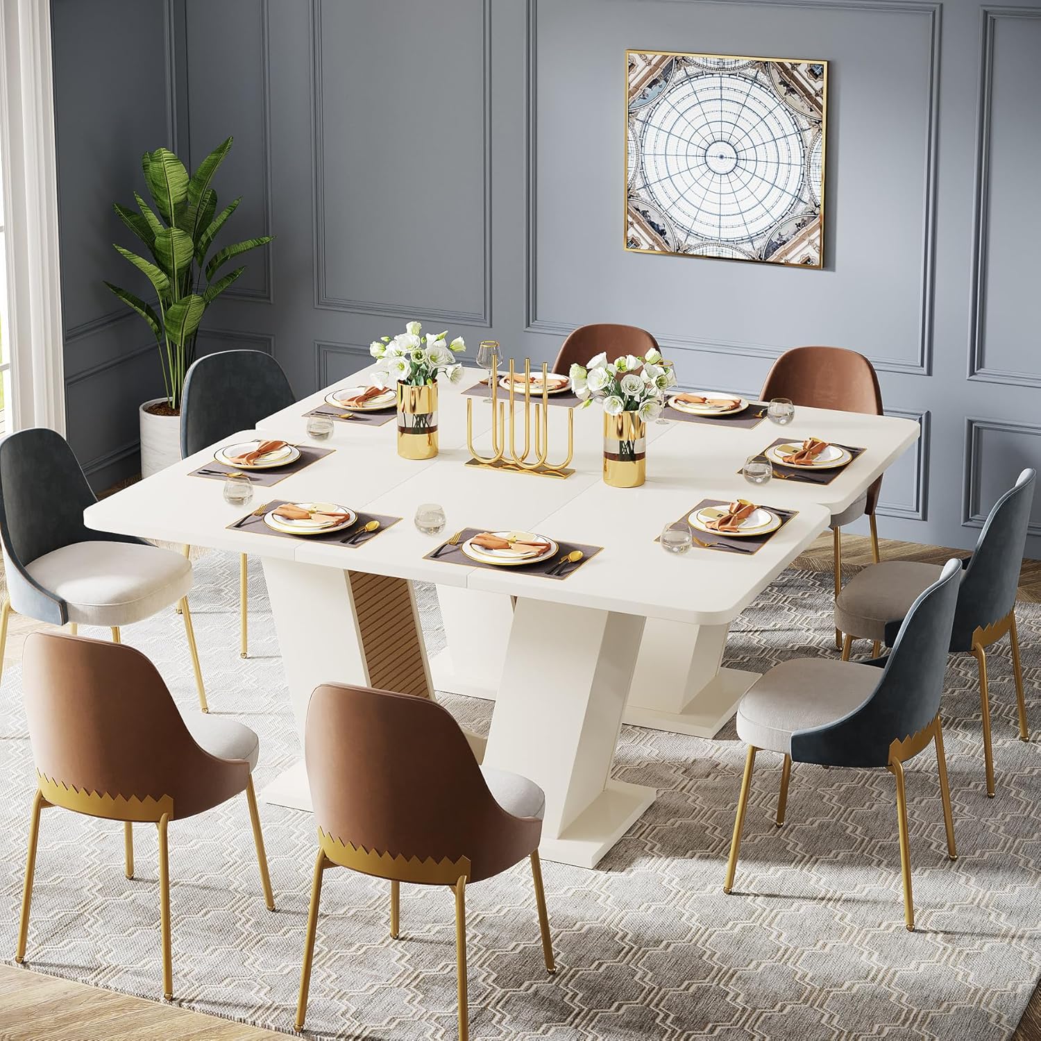 Modern Dining Table for 4-6 People, 55-Inch Rectangular Kitchen Table with U-Shaped Base, Dinner Table for Kitchen Dining Room Apartment, Cream White1 pcs