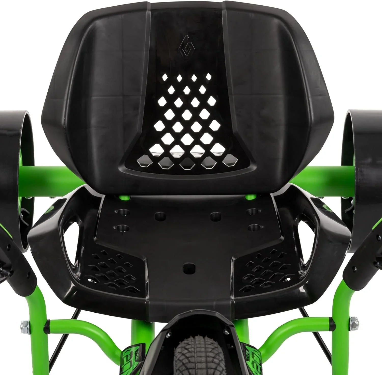20-inch drift tricycle, with smooth lines and comfortable design, adjustable seat, sturdy steel frame, easy to operate, suitable for children over 8 years old, equipped with LED lighting and foot brakes, available in green and black colors.
