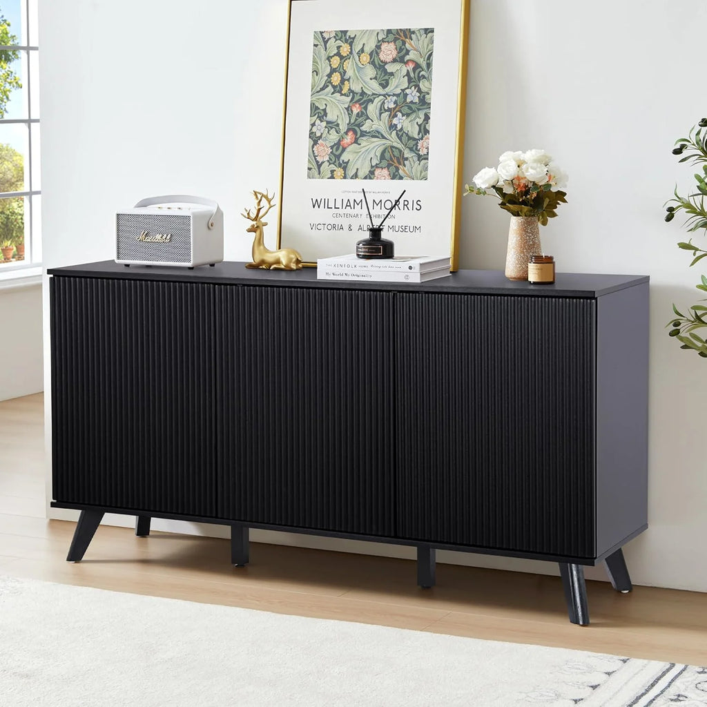 Modern Sideboard Buffet Cabinet Console Table, Accent Storage Cabinet Credenza Buffer Cabinets with 4 Fluted Doors for Kitchen Dining Living Room Entryway (Walnut)1 pcs