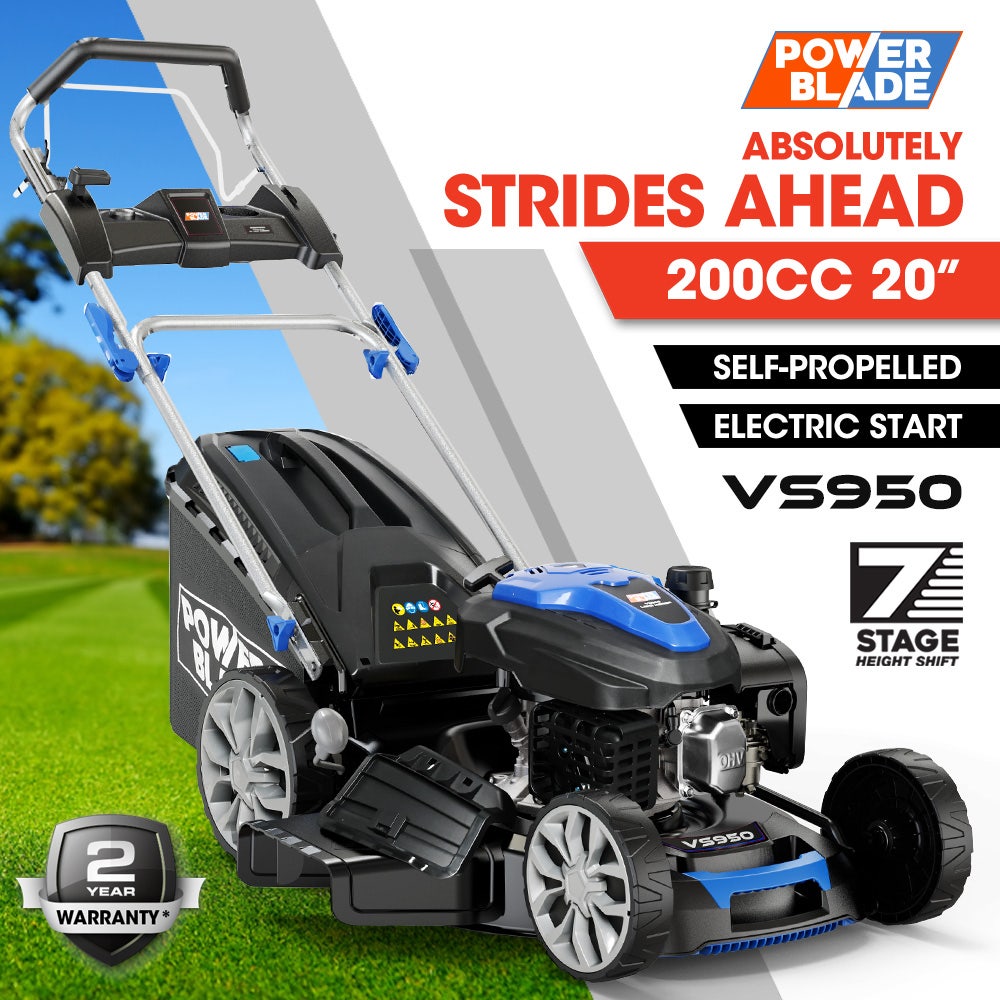 POWERBLADE 20" 200cc Self-Propelled Lawn Mower, Electric Start, 7 Height, Steel Deck, Deck Wash Port, OHV 4-Stroke Petrol - VS950
