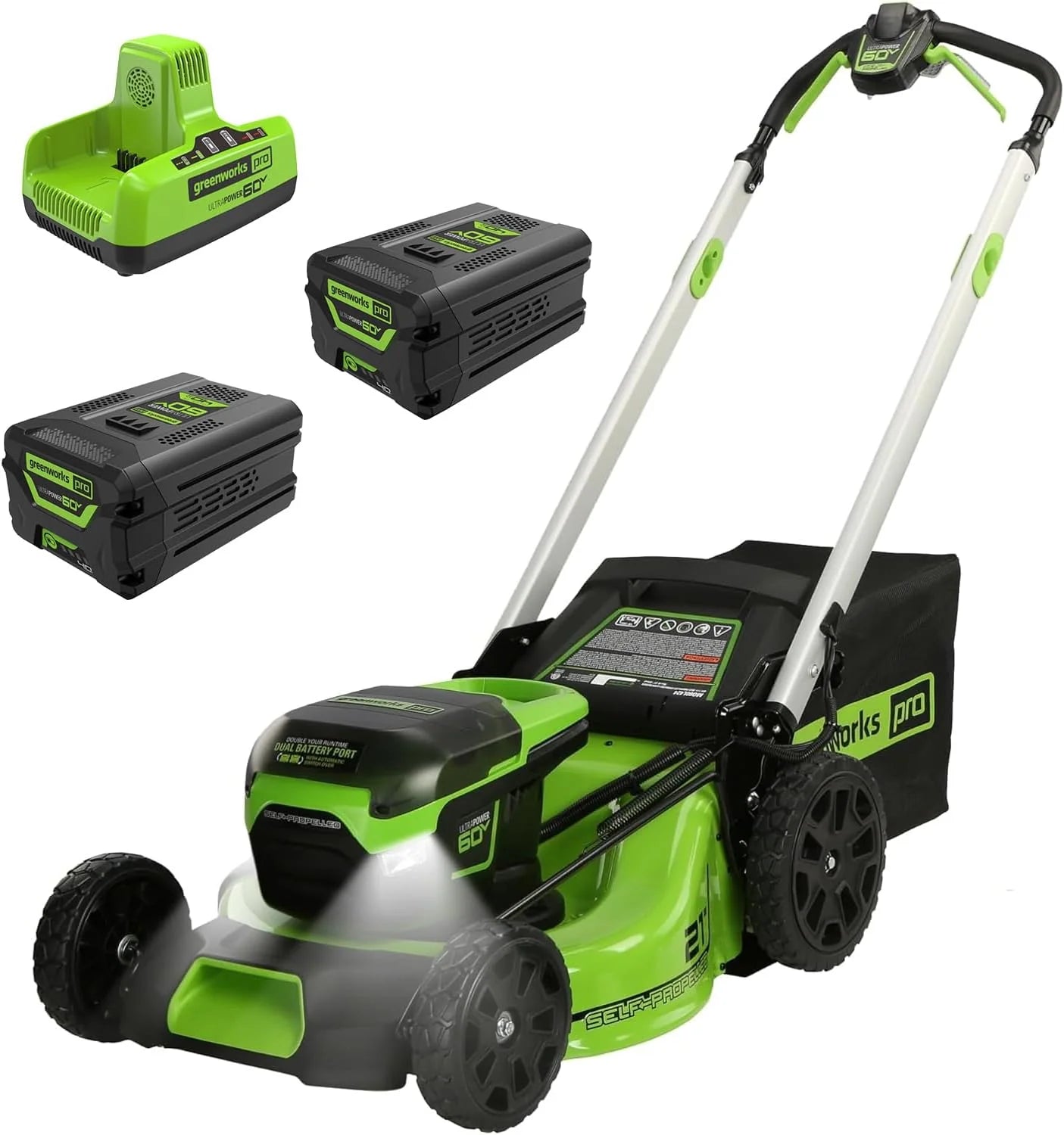 60V 21-inch self-propelled cordless lawn mower, brushless motor, LED lights, including 2 sets of 4.0 Ah batteries and a fast dual-port charger (compatible with 75 tools, running time 45 minutes)1 pcs