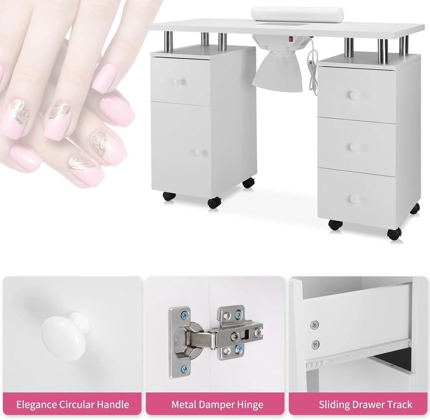 Manicure Table Nail Desk for Nail Tech w/Electric Dust Collector & Wrist Rest, Acetone Resistant Top Beauty Salon Nail Supplies Decor Station w/Lockable Wheels, Cabinet, Drawer (White)1 pcs