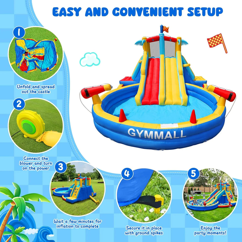 Inflatable Water Slide Bounce House with 550 W Blower, 8-in-1 Blow up Bouncy Castle Waterslide Park for Kids Outdoor and Indoor, Bouncer House with Large Pool, Double Slides and Climbing Walls1 pcs