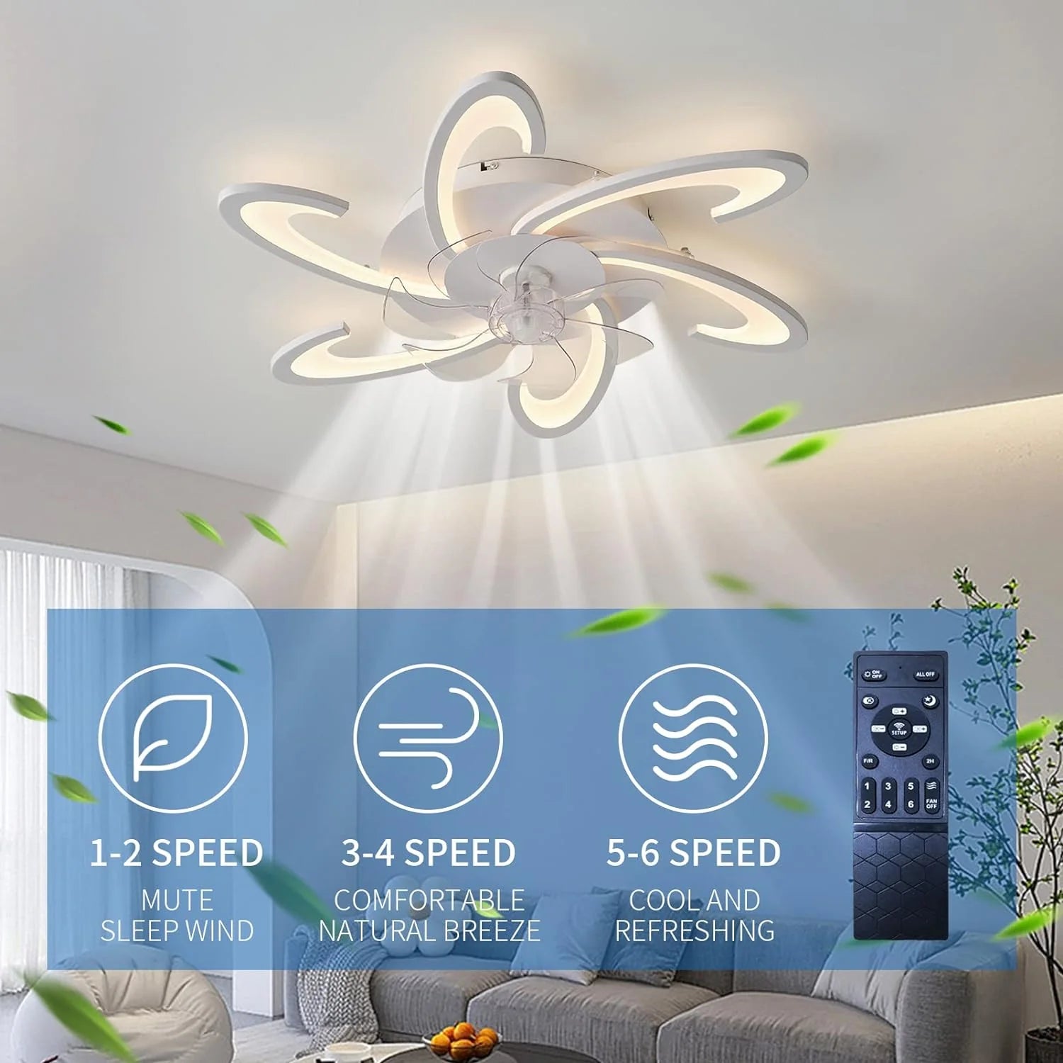Low Ceiling Light Fan, Low Profile, 6 Wind Speed, 3 Colors 82 cm