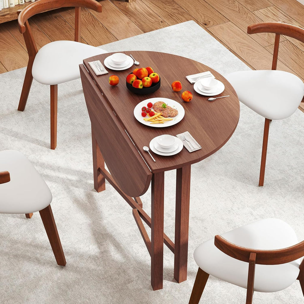 Round Drop Leaf Dining Table, 36” Folding Kitchen Table with Solid Wood Legs, Farmhouse Extendable Table for 2-4 People, Dinner Table for Dining Room, Living Room, Restaurant, Walnut1 pcs