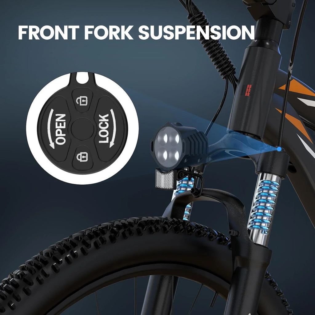 An electric bicycle suitable for adults, equipped with a peak power motor of 1000 watts and a detachable battery of 468 watt-hours, with a maximum speed of 37 kilometers per hour, and featuring a color LCD display. It is an electric mountain bike for