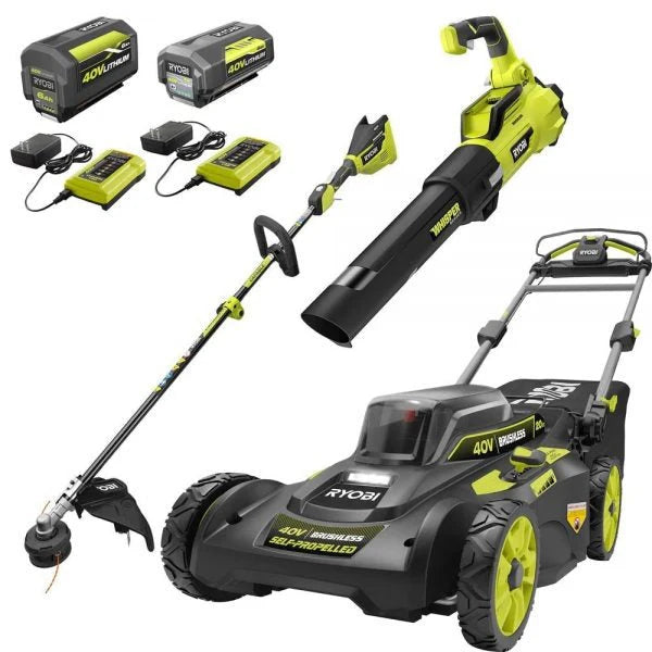 2025 40V Brushless 20-inch Self-Propelled Hand Lawn Mower, Grass Trimmer and Leaf Blower with (2) Batteries and (2) Chargers