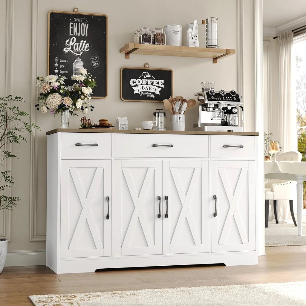 Drawer-equipped buffet-style cabinet, 55-inch large side cabinet-style storage unit with shelves and 4 doors, modern country-style coffee bar-style cabinet, wooden kitchen and dining room storage unit, white/rustic style1 pcs
