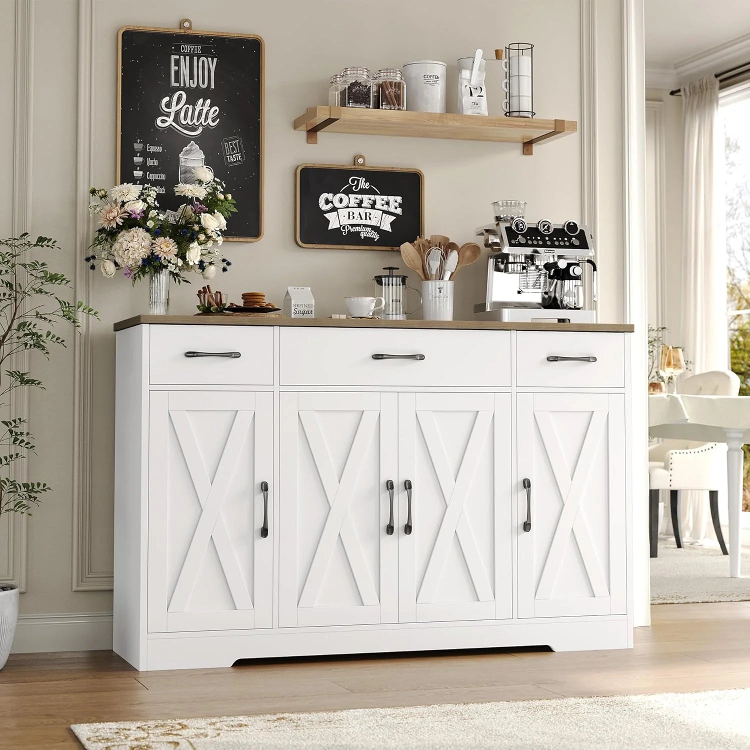 Drawer-equipped buffet-style cabinet, 55-inch large side cabinet-style storage unit with shelves and 4 doors, modern country-style coffee bar-style cabinet, wooden kitchen and dining room storage unit, white/rustic style1 pcs