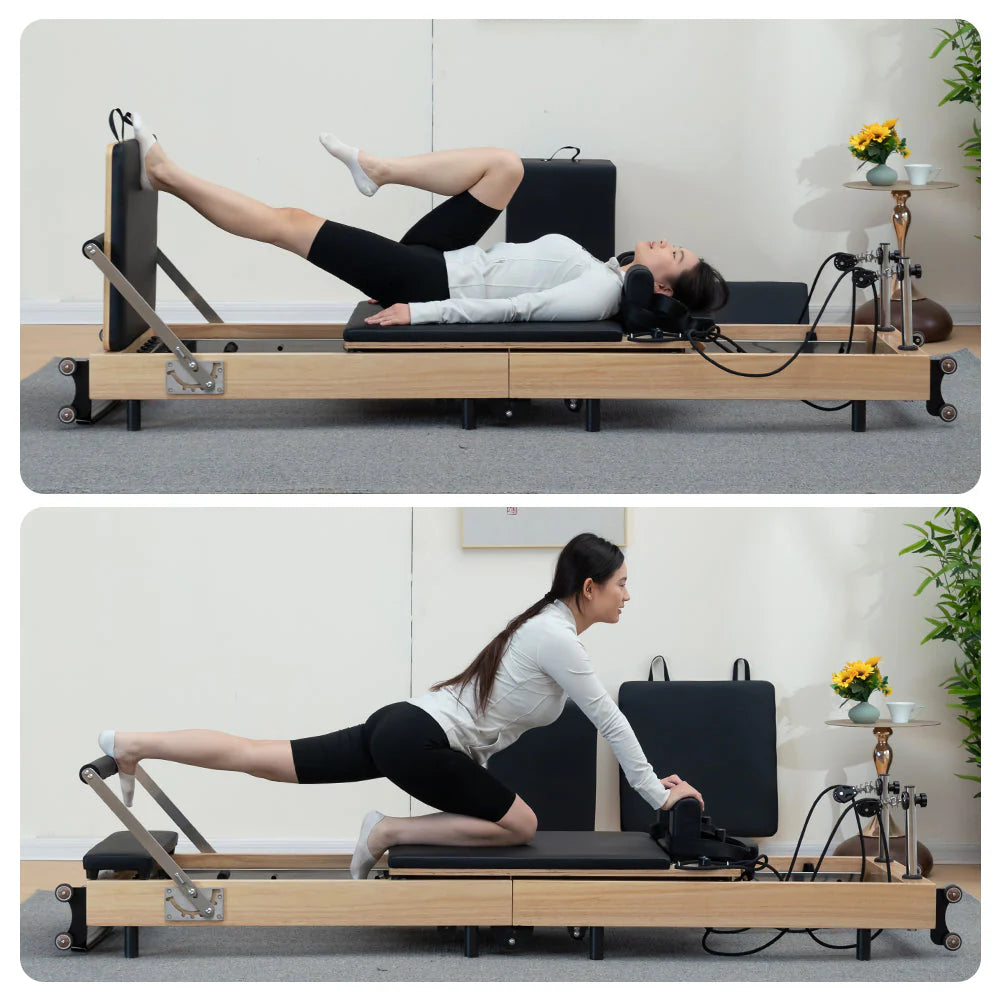 Foldable Pilates Reformer for Home Workouts, Oak Wood Frame, 6 Springs