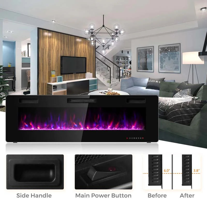 60" Ultra-Thin Electric Fireplace Insert, 1500W Recessed & Wall-mounted Fireplace Heater with 12 Flame Colors