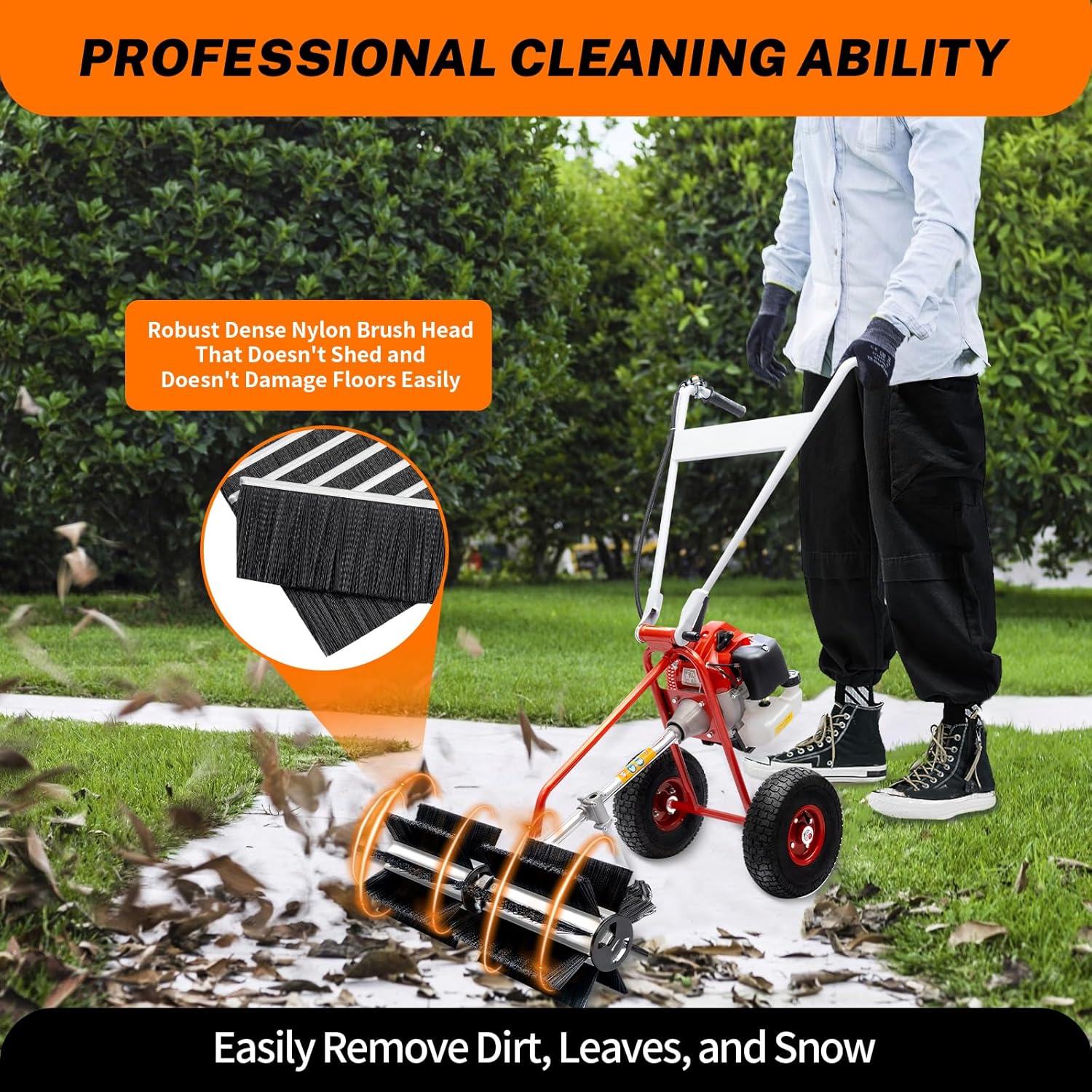 Handheld Sweeper Broom, 43CC 1.7hp 2-Stroke Gas Power Walk Behind Sweeper Lawn Mowers, Cleaning Brush Machine for Park Garden Grassland Turf Grass Gravel Cleaning1 pcs