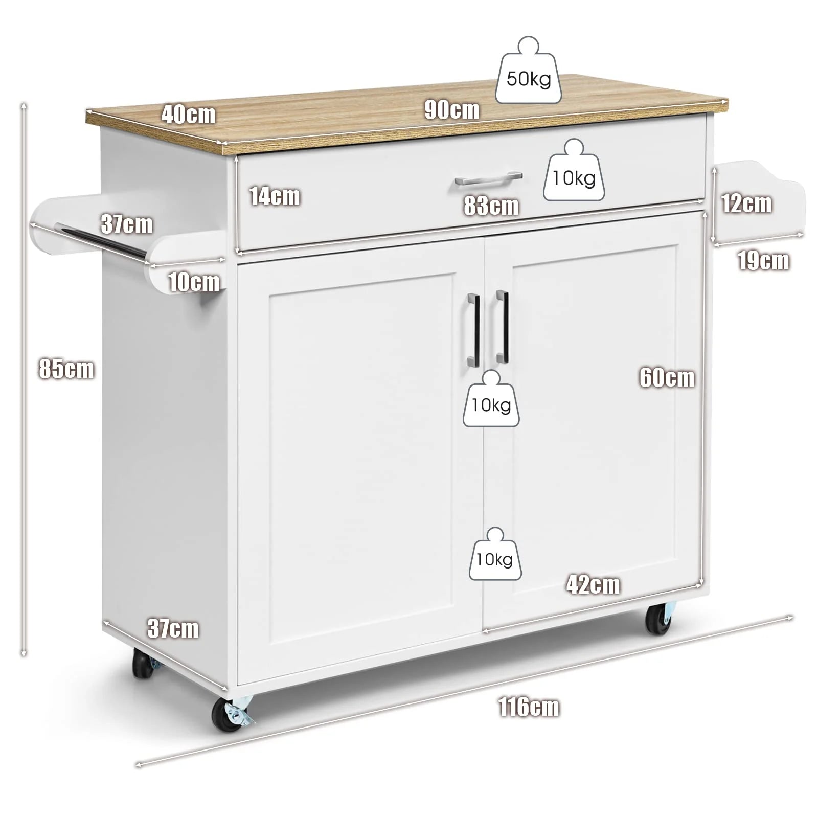 Giantex Wooden Rolling Kitchen Island, Storage Cart Trolley w/ Adjustable Shelf, Spice Storage Sgelf, Towel Rack & Drawer