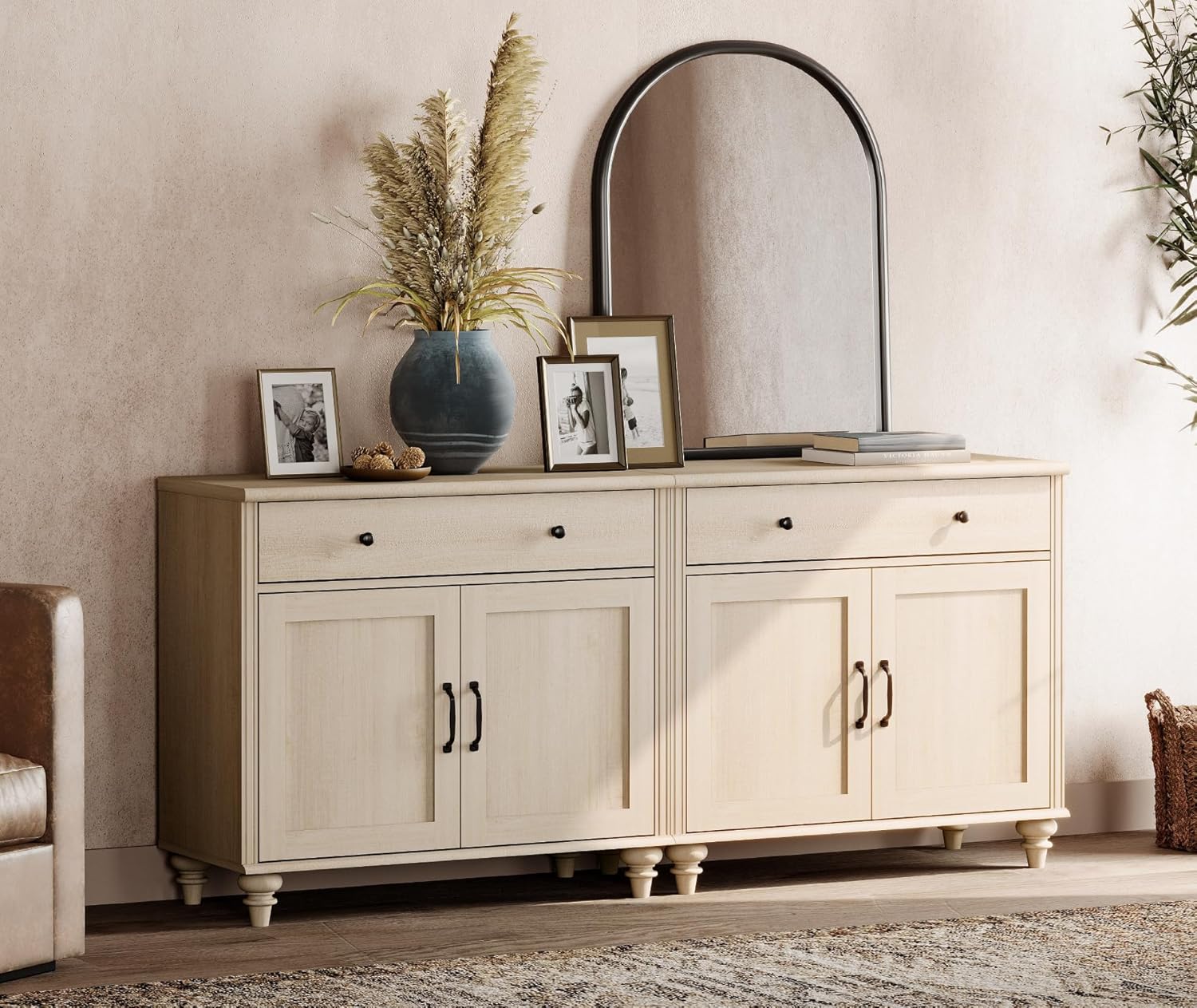Buffet Cabinet with 4 Doors and 2 Drawers, Large Coffee Bar Table Wood Kitchen Storage Cabinets with Storage Cabinets, Modern Farmhouse Sideboard Credenza for Dining Room, Off White, 68 inch1 pcs