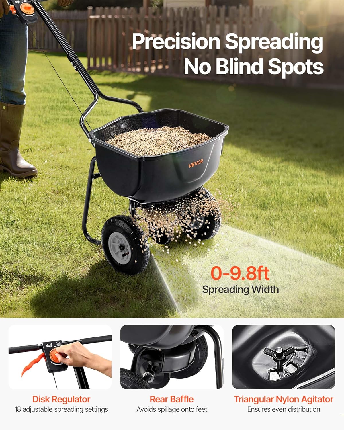 Broadcast Spreader, 60LBS Capacity, Walk-Behind Push Spreader, 0-9.8 ft Spreading Width, 10 in All Terrain Pneumatic Tires, Lawn Spreaders with Hopper Grate, for Seed, Fertilizer, Salt, Ice Melt1 pcs