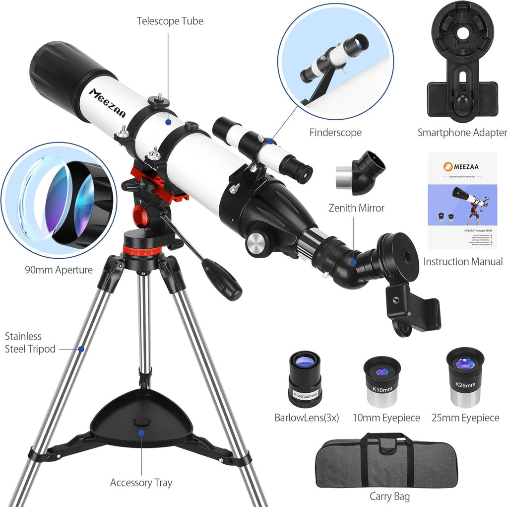 Telescope, Telescope for Adults High Powered Professional, 90mm Aperture 800mm AZ Mount Refractor Telescopes for Kids & Astronomy Beginners with Stainless Tripod & Carrying Bag & Phone Adapter1 pcs