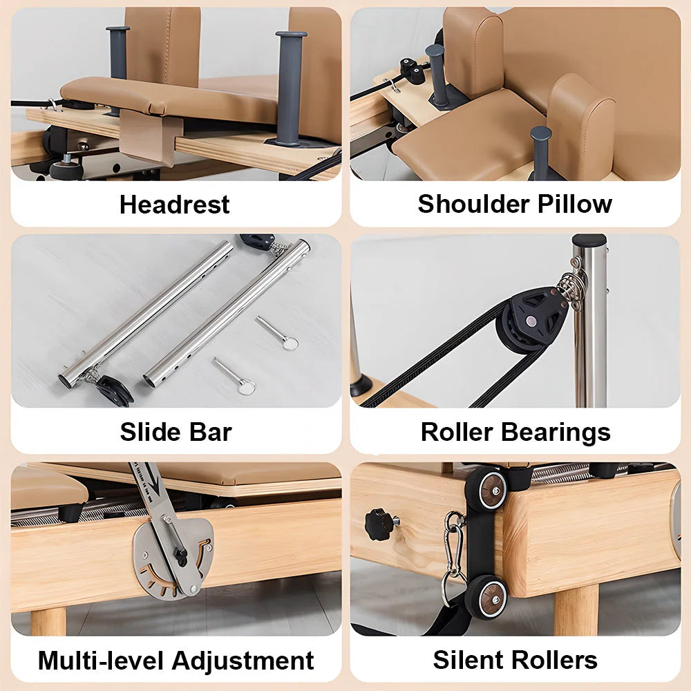 Foldable Pilates Reformer for Home Workouts, Oak Wood Frame, 6 Springs
